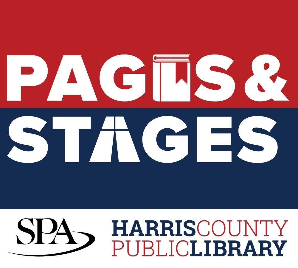 Red and blue sign with the words Pages & Stages, White part of sign at the bottom reads SPA Harris County Public Library.